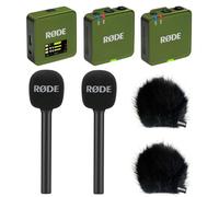 Rode Wireless GO Gen 3 Wireless 2-Channel Microphone Radio System Moss Khaki with 2 x Interview GO Hand Adapters and 2 x Keepdrum Fur Wind Protection BK