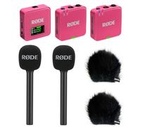Rode Wireless GO Gen 3 Wireless 2-Channel Microphone Radio System Pink with 2 x Interview GO Hand Adapters and 2 x Keepdrum Fur Wind Protection BK
