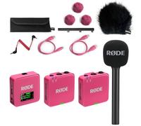 Rode Wireless GO Gen 3 Wireless 2-Channel Microphone Radio System Pink with Interview GO Hand Adapter and Keepdrum Fur Wind Protection BK
