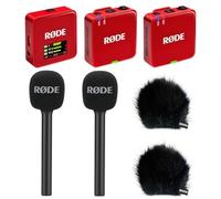 Rode Wireless GO Gen 3 Wireless 2-Channel Microphone Radio System Red with 2 x Interview GO Hand Adapters and 2 x Keepdrum Fur Wind Protection BK