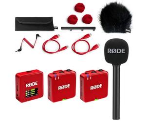 Rode Wireless GO Gen 3 Wireless 2-Channel Microphone Radio System Red with Interview GO Hand Adapter and Keepdrum Fur Wind Protection BK