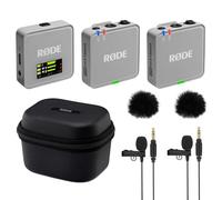 Rode Wireless GO Gen 3 Wireless 2-Channel Microphone Radio System Stone Grey with Charge Case + 2 x Lavalier GO Microphone and 2 x Fur Wind Protection