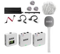 Rode Wireless GO Gen 3 Wireless 2-Channel Microphone Radio System White with Interview GO Hand Adapter White and Keepdrum Fur Wind Protection