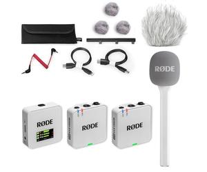Rode Wireless GO Gen 3 Wireless 2-Channel Microphone Radio System White with Interview GO Hand Adapter White and Keepdrum Fur Wind Protection