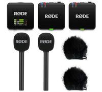 Rode Wireless GO Gen 3 Wireless 2-Channel Microphone Radio System with 2 x Interview GO Hand Adapters and 2 x Keepdrum Fur Wind Protection BK