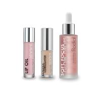 Rodial Glow Essentials Set - Soft Focus Glow Drops 31ml + Banana Lowlighter Travel Size 1.6ml + Lip Oil 4ml - Hydrating Radiance Boosting Trio for Brightening Skincare and Makeup