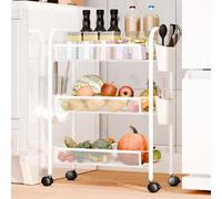 Rodiuiu 3/4/5 Tier Fruit Vegetable Storage Basket,Stackable Metal Mesh Storages Basket Trolley Utility Cart,Produce Storage Organizer Rack with 360 Degree Wheels for Kitchen Pantry Bathroom White 3-L