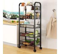 Rodiuiu 3/4/5 Tier Fruit Vegetable Storage Basket,Stackable Metal Mesh Storages Basket Trolley Utility Cart,Produce Storage Organizer Rack with 360 Degree Wheels for Kitchen Pantry Bathroom Black 5-L