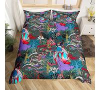 Rodths Double Duvet Cover Set 3 pcs Japanese Dragon Bedding, Easy Care Soft Brushed Microfibre Quilt Covers with Zipper Closure, 2 Pillowcases