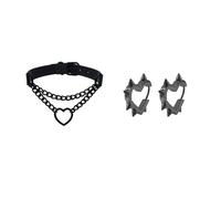Roe Dolph Goth Heart Chain Choker Black Spike Heart Earrings Gothic Leather Necklace Punk Jewelry Gift for Women Men, Metal, No Gemstone