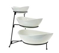 Roe & Moe 3 Tier Serving Stand Ceramic Bowl Set with Metal Rack, Tiered Bowls for Parties Candy Appetizer Dessert Fruit Cake Veggies Chips & Dip