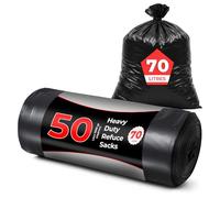 Roe Tenpo 50 Pack Heavy Duty Bin Bags - 70L, 30 Microns Bin Liners, Flat Top, Strong & Durable, Tear Resistant Refuse Sack, Black Bin Bags for Everyday Use, Household & Commercial Use