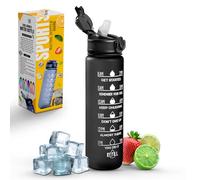Roe Tenpo Sports Water Bottle with Straw and Time Marking, and 32OZ Capacity - Motivational and Eco-Friendly BPA-Free Bottle for Running, Gym, Yoga, Outdoors, and Camping (Style-1, Black)