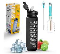 Roe Tenpo Sports Water Bottle with Straw and Time Marking, and 32OZ Capacity - Motivational and Eco-Friendly BPA-Free Bottle for Running, Gym, Yoga, Outdoors, and Camping (Style-1, Black)