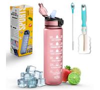 Roe Tenpo Sports Water Bottle with Straw and Time Marking, and 32OZ Capacity - Motivational and Eco-Friendly BPA-Free Bottle for Running, Gym, Yoga, Outdoors, and Camping (Style-1, Pink)