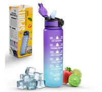 Roe Tenpo Sports Water Bottle with Straw and Time Marking, and 32OZ Capacity - Motivational and Eco-Friendly BPA-Free Bottle for Running, Gym, Yoga, Outdoors, and Camping (Style-1, Blue-Purple)