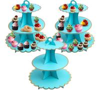 Roellgs 3 Pack Round Cardboard Cupcake Stand, 3-Tier Silver Cupcake Holder Dessert Tower for 24 Cupcakes, Perfect for Wedding, Birthday Party, Baby Shower and Graduation (Lace Blue)