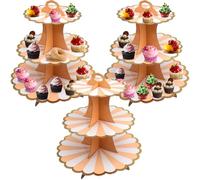 Roellgs 3 Pack Round Cardboard Cupcake Stand, 3-Tier Silver Cupcake Holder Dessert Tower for 24 Cupcakes, Perfect for Wedding, Birthday Party, Baby Shower and Graduation (Plum Pink)