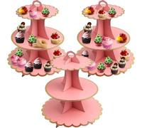Roellgs 3 Pack Round Cardboard Cupcake Stand, 3-Tier Silver Cupcake Holder Dessert Tower for 24 Cupcakes, Perfect for Wedding, Birthday Party, Baby Shower and Graduation (Lace Pink)
