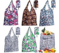 Roellgs 5 Pcs Foldable Shopping Bags with Hook, Washable Reusable Grocery Tote Bags, Foldable In a Pouch for Daily Shopping, Groceries, Travel & Storage (Dark Series)