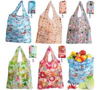 Roellgs 5 Pcs Foldable Shopping Bags with Hook, Washable Reusable Grocery Tote Bags, Foldable In a Pouch for Daily Shopping, Groceries, Travel & Storage (Light Series)