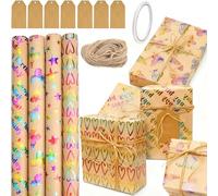 Roellgs Colorful Birthday Kraft Wrapping Paper Rolls - Total of 4 Rolls - 43.2 cm x 3.05 m per Roll