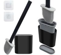 Roellgs Silicone toilet brush with holder, silicone cleaning brush and bathroom quick drying holder, bathroom deep cleaning partner with non-slip handle and soft bristles (Black)