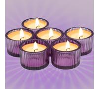 Roellgs Small Amber Votive Candle Holders Set of 12, 2.2'' x 1.4'' Glass Brown Mini Votive Holder Home Decoration, Clear Tealight Candles Holder for Table Centerpieces and Wedding Decor (Purple)