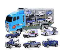 ROEOLNIL 7 in 1 Construction Cars and Trucks Toy for Boys Yellow Truck Carrier Toy Set Little Die-cast Vehicles Mini Excavator Backhoe Mixer Dump Truck Cars for Kids Ages 6