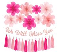 Roetyce Flower Farewell Party Decorations, Pink We Will Miss You Banner Paper Fan Tassel for Women Girls, Rose Gold Floral Themed Going Away Leaving Goodbye Party Supplies, Retirement Photo Background