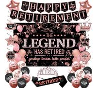 Roetyce Retirement Party Decorations Women, Black and Pink Happy Retirement Banner Backdrop Balloon Hanging Swirls for Coworker, Rose Gold Lengend Has Retired Sash & Crown, Office Retired Background