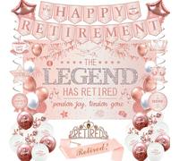 Roetyce Retirement Party Decorations Women, Rose Gold Happy Retirement Banner Backdrop Balloons Hanging Swirls for Coworker Family, Pink Lengend Has Retired Sash & Crown, Office Retired Background
