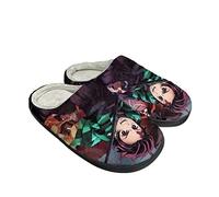 Roffatide Anime Demon Slayer Fuzzy Slippers Kamado Tanjirou Kamado Nezuko Closed Toe Open Back Slippers with Rubber Sole House Slippers Non-Slip Indoor Plush Shoes for Men 9-9.5/ Women 11-11.5