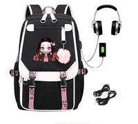 Roffatide Anime Demon Slayer School Rucksack with Multi Pockets Kamado Nezuko Laptop Backpack for Girls Boys College Bag with USB Charging Port and Headphone Port Black Ideal for Christmas