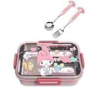 Roffatide Cartoon Cute Printed All-in-One Bento Boxes with Spoon Fork Kawaii 4-Point Lock Type Lunch Box Containers for Food Fruit Snack