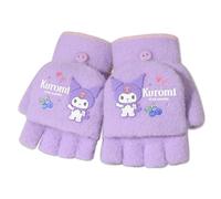 Roffatide Cartoon Kuromi Winter Women Gloves Little Kids Thick Warm Soft Plush Convertible Flip Top Mittens Fingerless Finger Gloves for Girls Purple