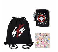 Roffatide KPOP Stray Kids Drawstring Backpack with SKZ Wallet 54Pcs Stickers for Girls Boys Sports Gym Bag for STAY Black B