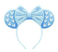 Roffiy Elegant Velvet Mouse Ears Headband with Velvet Bow & White Pearls Accents - Perfect for Birthdays, Parks, Travel & Costume Parties - Soft & Stylish Comfortable for Women & Girls(Light Blue