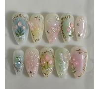 ROFIBUT Colorful Flower Press on Nails Medium Almond Fake Nails with 3D Butterfly Rhinestones Designs rainbow Gradient Acrylic Nails Glossy Bow False Nails Reusable Stick on Nails for Women 24Pcs