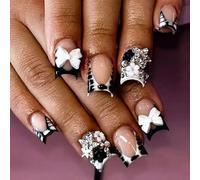 ROFIBUT French Lace Short Square Nails with Black and White Zebra Bow Design Cute Little Flowers and Silver Stars Imitation Rhinestones