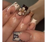 ROFIBUT French Press on Nails Medium Square Glossy Autumn Brown Leopard Print Coffin Shape with Cute White Flowers and Gold Bead Designs