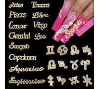 ROFIBUT Gold Zodiac Nail Charms Alloy Twelve Constellation Zodiac Constellation Words Nail Gems Zodiac Signs Nail Studs with Rhinestones Design Twelve Constellation Nail Jewelry for Women Girls 24Pcs