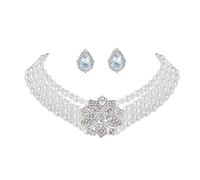 ROFIFY Audrey Hepburn Style Faux Pearl Necklace Set Strand Ear clip or Stud Pin on Earrings for selection Inspired by Breakfast at Tiffany's for Women LFFJ039, Metal Faux Pearl, No Gemstone