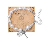 Rofusn First Holy Communion Bracelets for Women: Personalized Catholic Religious Virgin Mary Cross Charm Medal Pearl Beads Chain Baptism Confirmation Easter Gifts To My Daughter Goddaughter, Standard