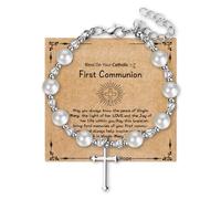 Rofusn First Holy Communion Bracelets for Women: Personalized Catholic Religious Virgin Mary Cross Charm Medal Pearl Beads Chain Baptism Confirmation Easter Gifts To My Daughter Goddaughter, Standard