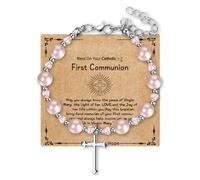 Rofusn First Holy Communion Bracelets for Women: Personalized Catholic Religious Virgin Mary Cross Charm Medal Pearl Beads Chain Baptism Confirmation Easter Gifts To My Daughter Goddaughter, Standard