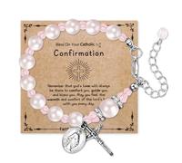 Rofusn First Holy Communion Bracelets for Women: Personalized Catholic Religious Virgin Mary Cross Charm Medal Pearl Beads Chain Baptism Confirmation Easter Gifts To My Daughter Goddaughter, Standard