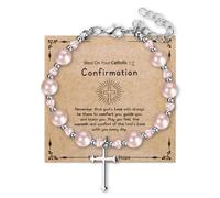 Rofusn First Holy Communion Bracelets for Women: Personalized Catholic Religious Virgin Mary Cross Charm Medal Pearl Beads Chain Baptism Confirmation Easter Gifts To My Daughter Goddaughter, Standard