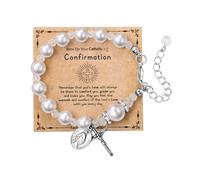 Rofusn First Holy Communion Bracelets for Women: Personalized Catholic Religious Virgin Mary Cross Charm Medal Pearl Beads Chain Baptism Confirmation Easter Gifts To My Daughter Goddaughter, Standard