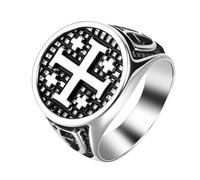 Rofusn Vintage Crusader Jerusalem Cross Ring: Mens Stainless Steel Christians Statement Jewelry Gifts for Easter Christmas Birthday, Metal, No Gemstone